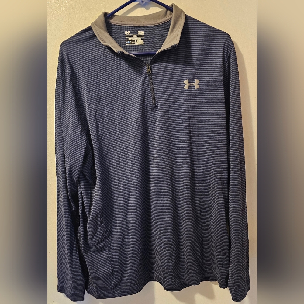 Under Armour Coldgear Loose 1/4 Zip Pullover Blue Striped Shirt Men's Size Large